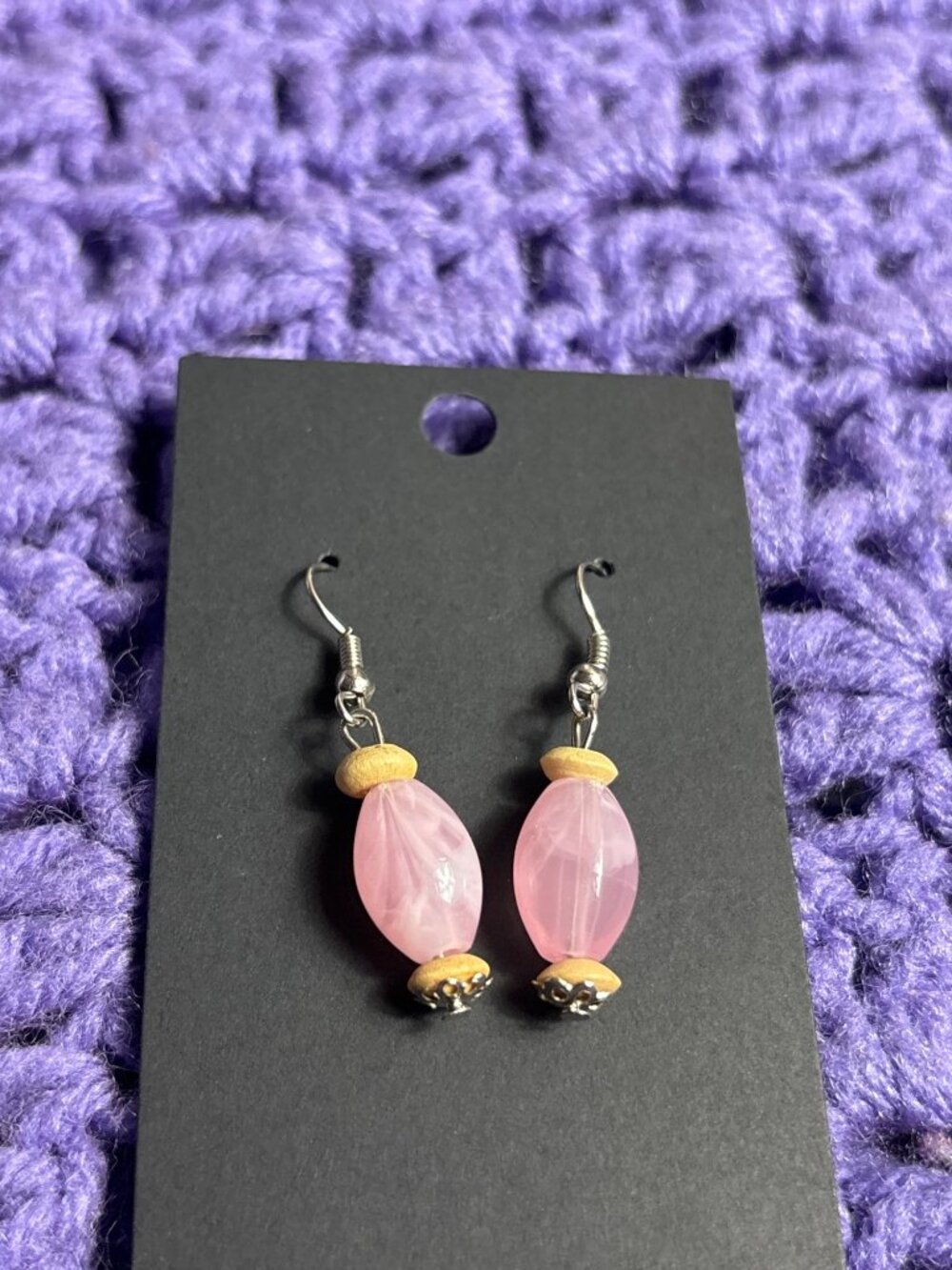 Pink Plastic Tan Wooden Beaded Dangle Earrings Silvertone Hooks 1 inch
